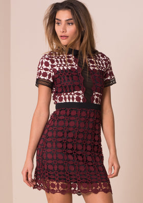 Cadence Wine Crochet Mesh Detail Mini Dress