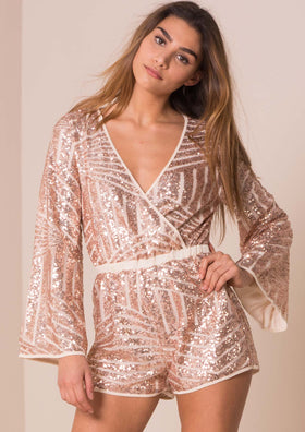 Madison Nude Sequin Bell Sleeve Playsuit