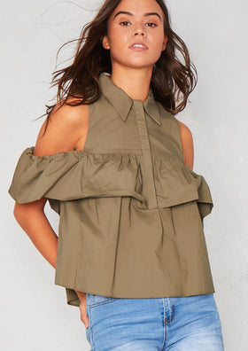 Janella Khaki Cold Shoulder Ruffle Shirt