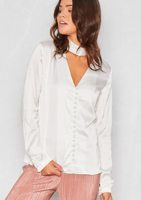 Millie White Satin Choker Button Up Blouse