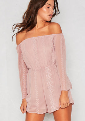 Tacy Dusky Pink Bardot Lace Playsuit