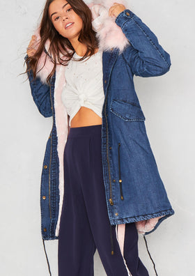 Matilda Pink Denim Faux Fur Parka Coat