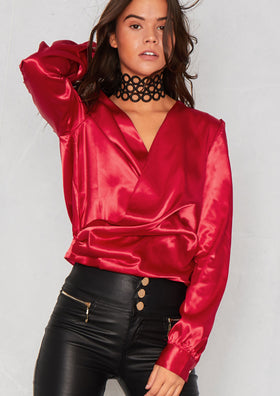Trixie Red Silky Wrap Over Blouse