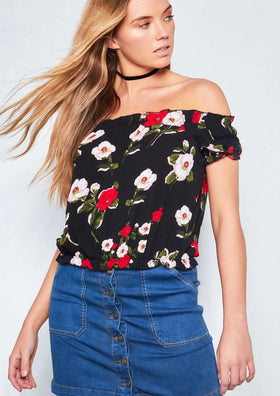 Tazrim Black Floral Woven Bardot Top