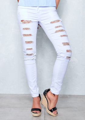 Alysa White Distressed Lace Jeans