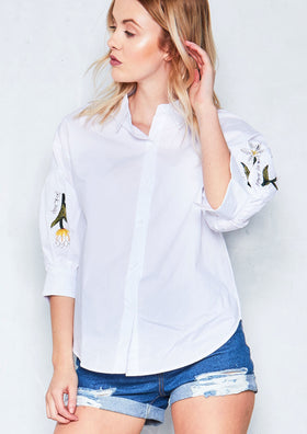 Cody White Floral Embroidered Puff Sleeve Shirt