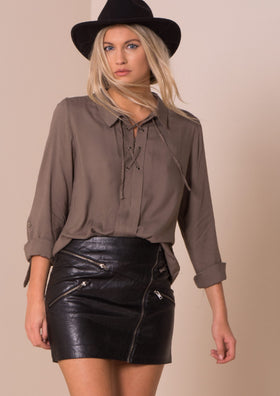 Khaki Long Sleeve Lace Up Shirt