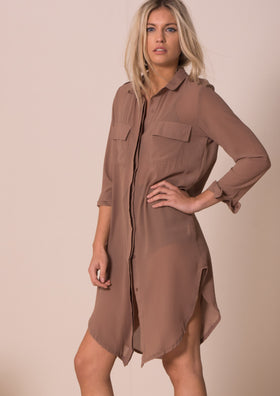 Beige Sheer Utility Shirt Dress