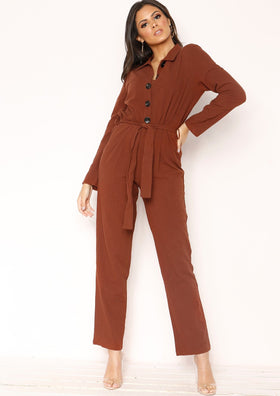 Linda Brown Button Belted Jumpsuit