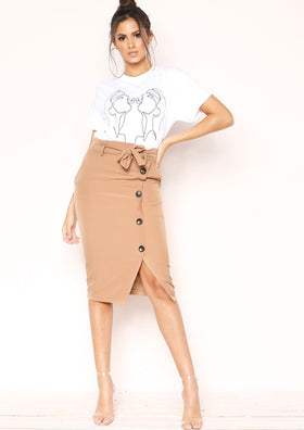 Maeve Camel Button Up Tie Midi Skirt
