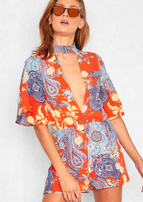 Camellia Orange Paisley Printed Plunge Playsuit