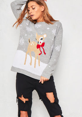 Grey Bambi Knitted Christmas Jumper