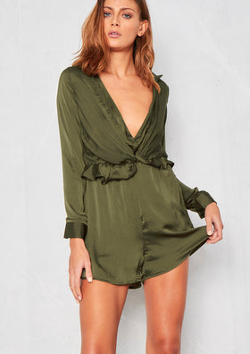 Lori Khaki Plunge Frill Playsuit