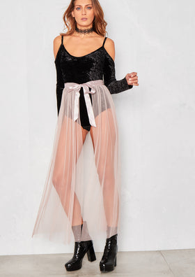 June Black Crushed Velvet Cold Shoulder Bodysuit