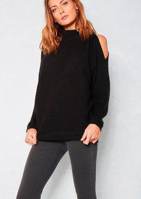 Cleo Black Cold Shoulder Batwing Ribbed Jumper