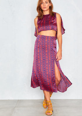 Riiva Purple Satin Printed Skirt Set Co-Ord