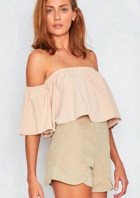 Pepper Nude Off The Shoulder Ruffle Crop Top