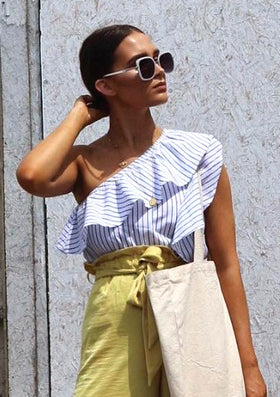 Narella White Off The Shoulder Striped Frill Top
