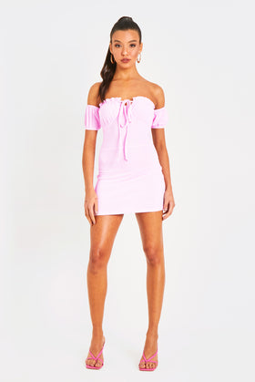 Mila Pink Frill Tie Milkmaid Mini Dress