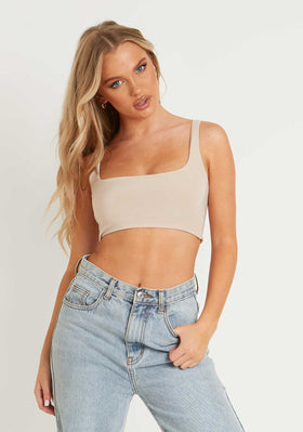 Evelyn Sand Slinky Square Neck Extreme Crop Top