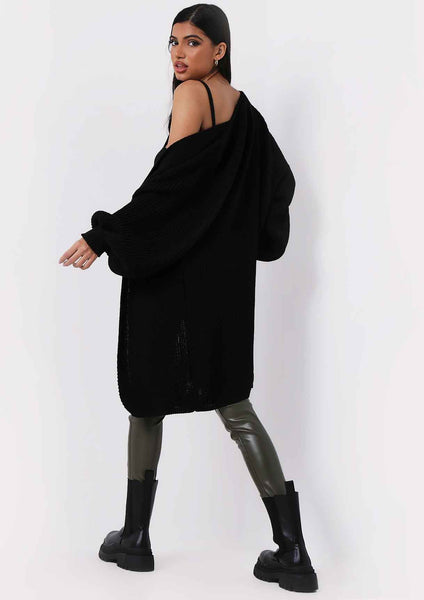 Missy Empire 【 Balloon Sleeve Knitted Cardigan Women 】 レディース Jimena Black Balloon Sleeve Knitted Cardigan | Missy Empire