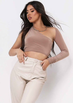 Sam Taupe One Shoulder Long Sleeve Crop Top