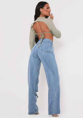 Roderiga Sage Ribbed High Neck Tie Back Crop Top