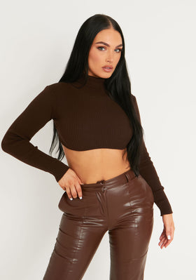Agnese Chocolate Super Crop Roll Neck Knitted Jumper