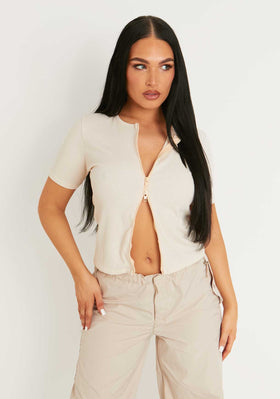 Darva Beige Double Zip Knitted Ribbed Top