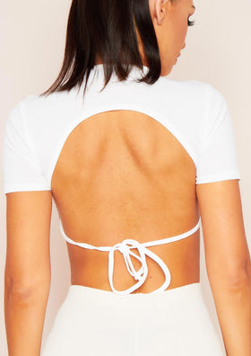 Mandy White Tie Back Cropped Ribbed T-Shirt