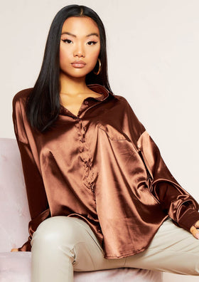 Jessica Chocolate Oversized Thick Satin Button Through Shirt