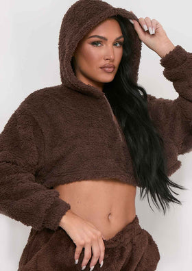 Olivia Chocolate Fluffy Teddy Borg Cropped Zip Up Hoodie