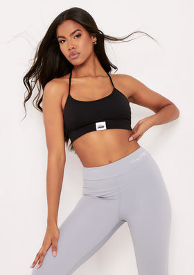 Elena Black Missy Sport Tab Logo Thick Strappy Gym Crop Top