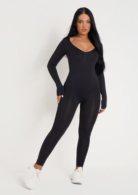 Amelia Black Seamless Long Sleeve Plunge Jumpsuit, Women's Loungewear