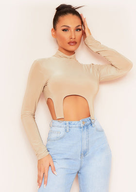 Maisy Beige Long Sleeve D Ring Slinky Crop Top