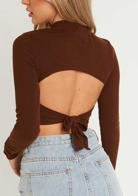 Calli Chocolate Ribbed High Neck Tie Back Long Sleeve Crop Top
