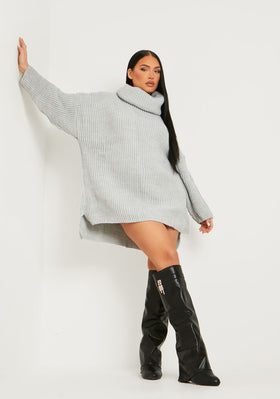 Courtney Light Grey Roll Neck Knitted Dip Hem Jumper Dress