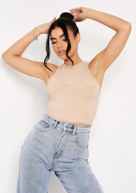 Marni Beige Contrast Stitch Cupped Racer Ribbed Crop Top