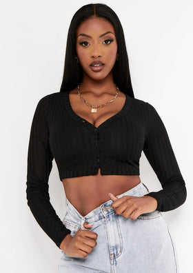 Holli Black Sheer Cropped Button Through Cardigan Missy Empire