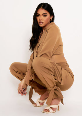Zoey Camel Tie Ankle Pocket Detail Tailored Trouser