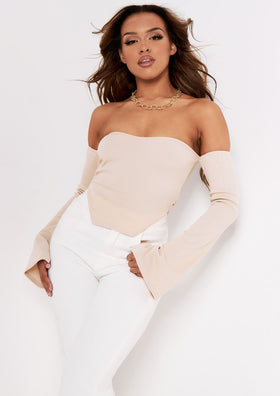 Finley Stone Bardot Thick Rib Corset Dipped Hem Crop Top