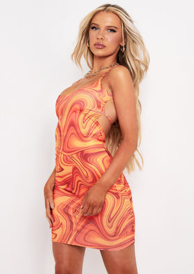 Kaylin Orange Swirl Print Slinky Strappy Back Detail Mini Dress