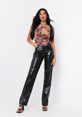 Hazel Brown Print Plunge Pointed Hem Slinky Halterneck Top