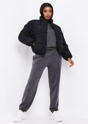 Zarina Black Diamond Quilted Logo Padded Puffer Coat