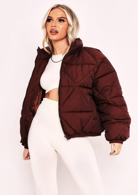 Zarina Chocolate Diamond Quilted Logo Padded Puffer Coat