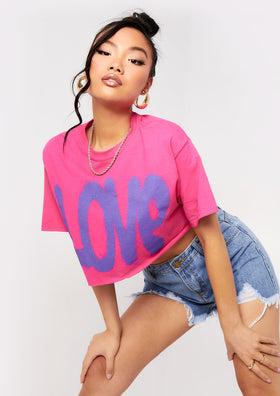 Maya Pink Love Slogan Cropped Oversized T-Shirt