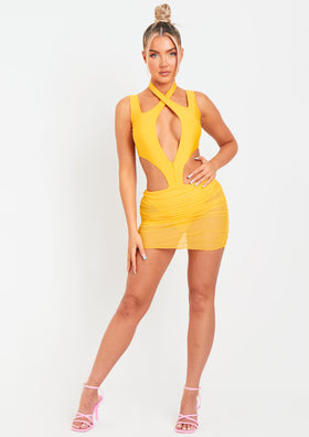 Shalae Orange Extreme Cut Out Mesh Skirt Mini Dress