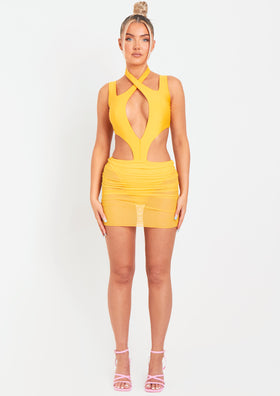 Shalae Orange Extreme Cut Out Mesh Skirt Mini Dress