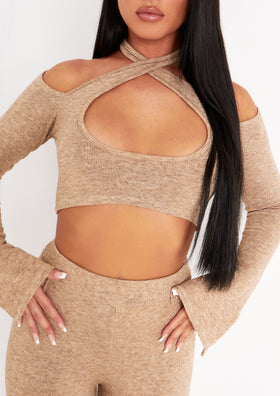 Helena Beige Knitted Halterneck Cut Out Crop Top