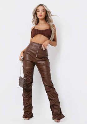 Darelle Chocolate High Waisted Ruched PU Trousers